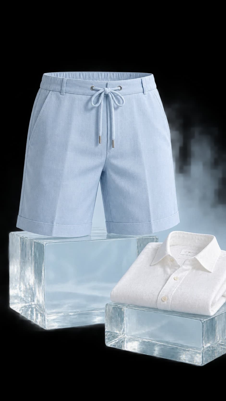 Shorts campaign photograph in Atellia's cloud-blue palette