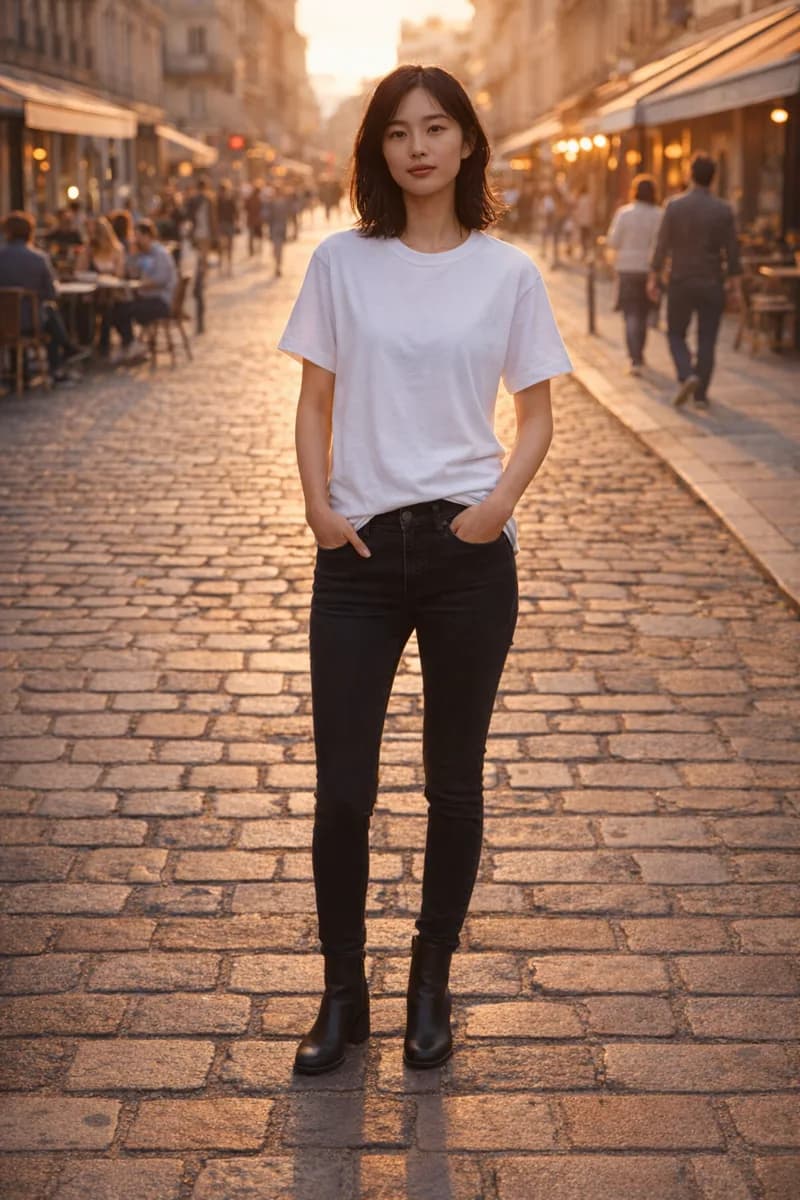 Outdoor editorial fashion still that could form one shot in a sequence