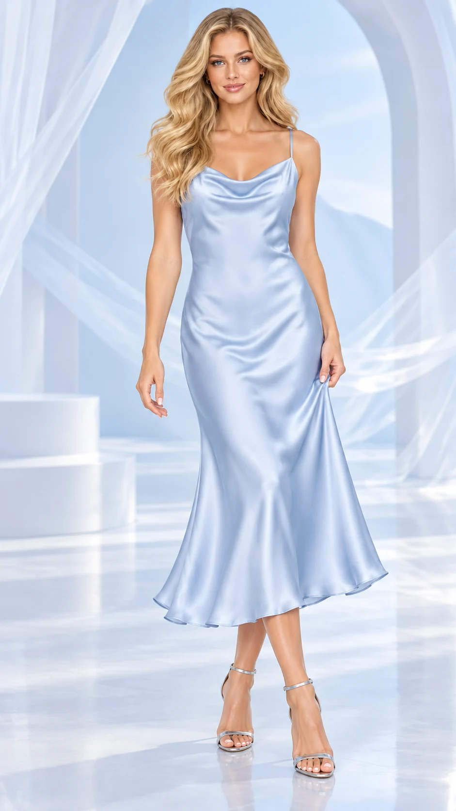 Dresses campaign photograph in Atellia's cloud-blue palette