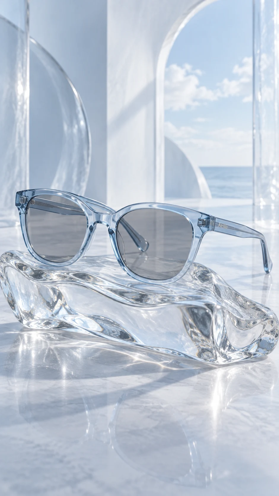 Eyewear campaign photograph in Atellia's cloud-blue palette