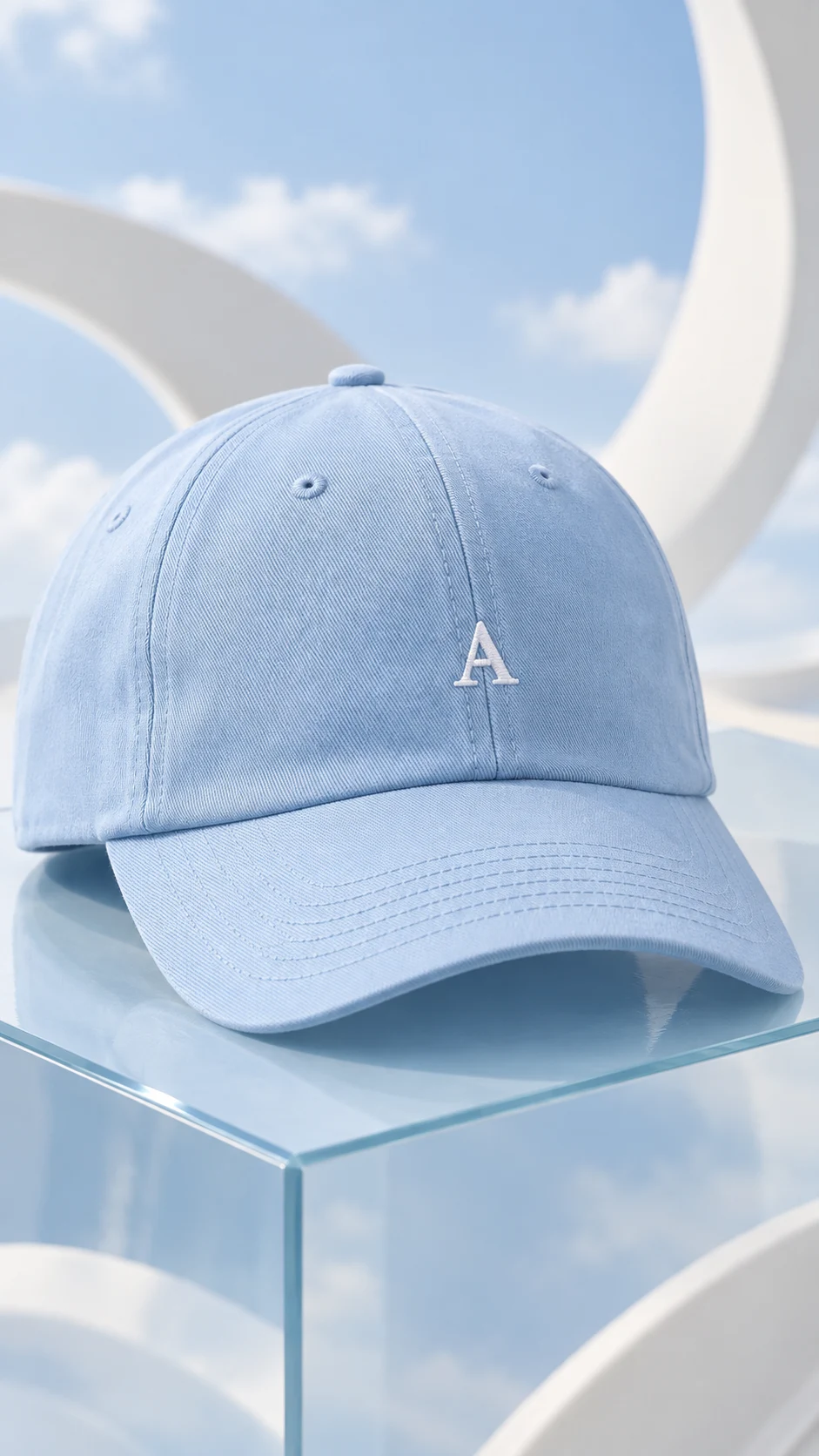 Hats campaign photograph in Atellia's cloud-blue palette