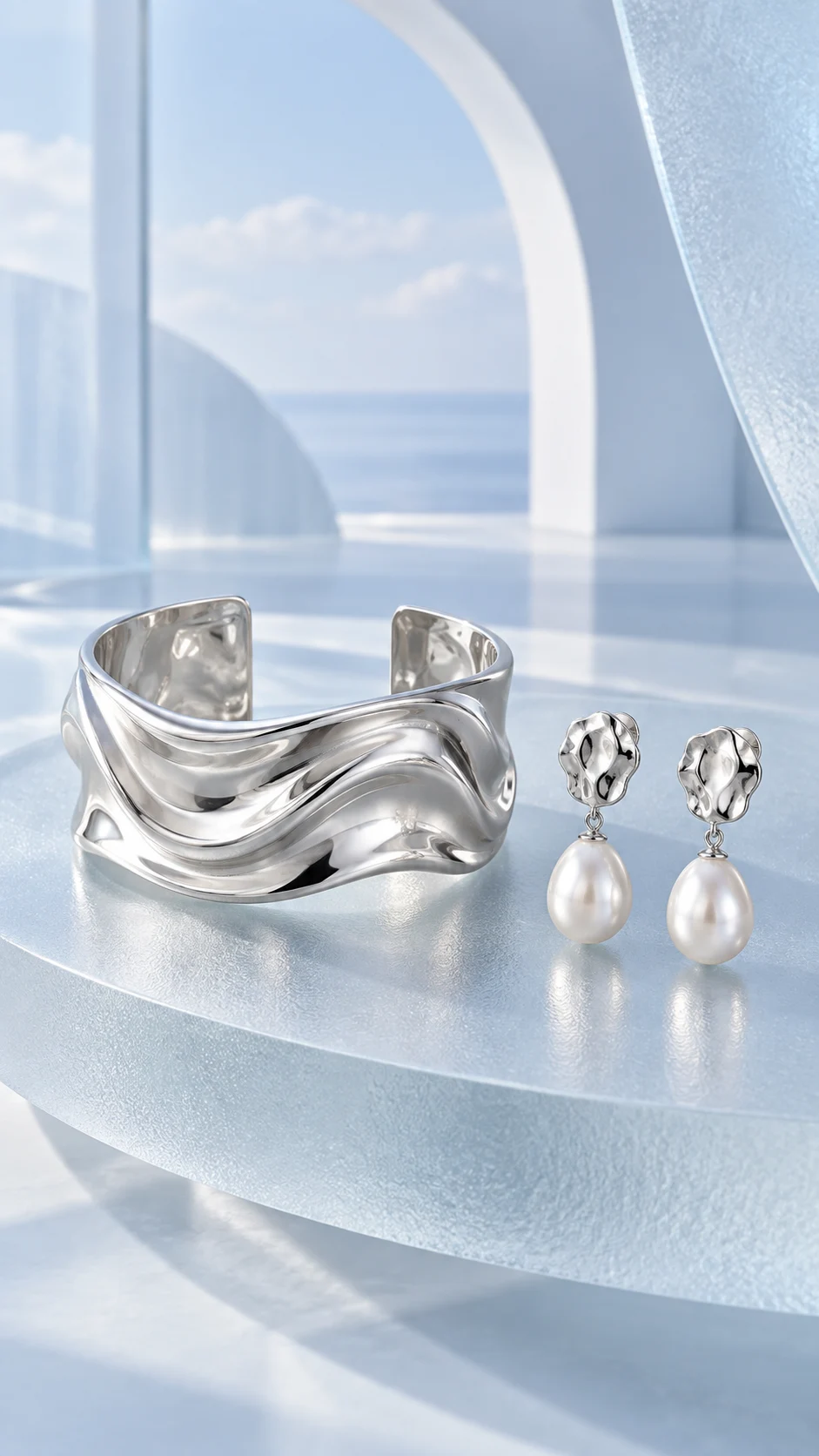 Jewelry campaign photograph in Atellia's cloud-blue palette