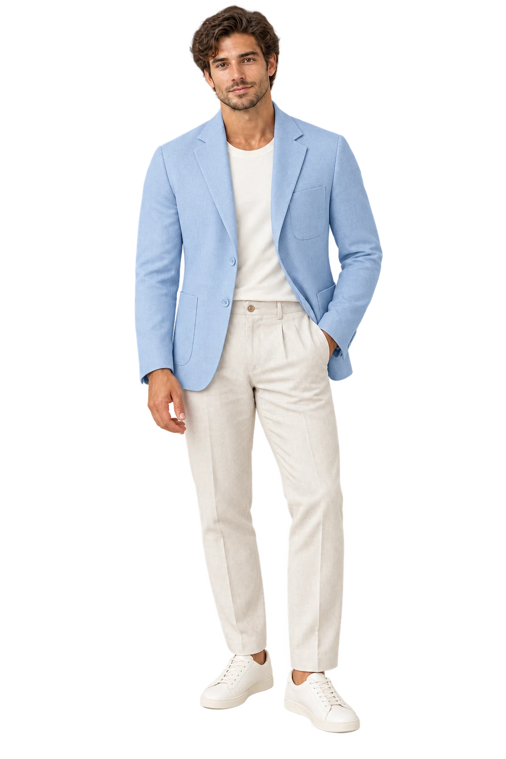 Luca wearing an illustrative complete blue blazer outfit with light trousers, fully visible