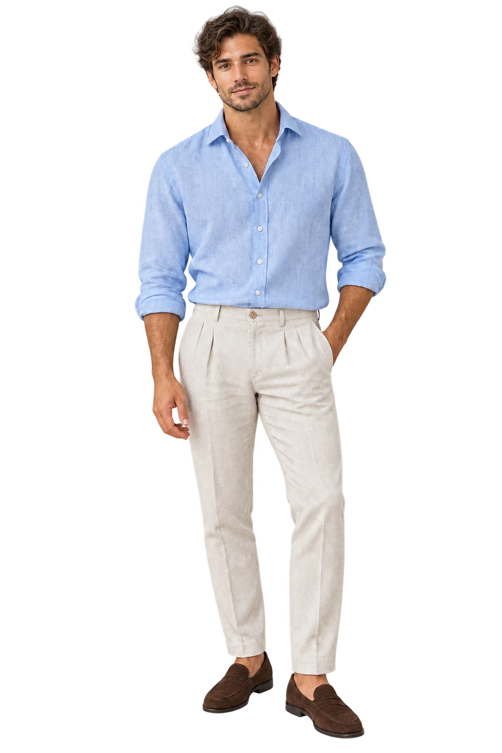 Illustrative original adult model Luca in a blue shirt and light trousers, shown in full