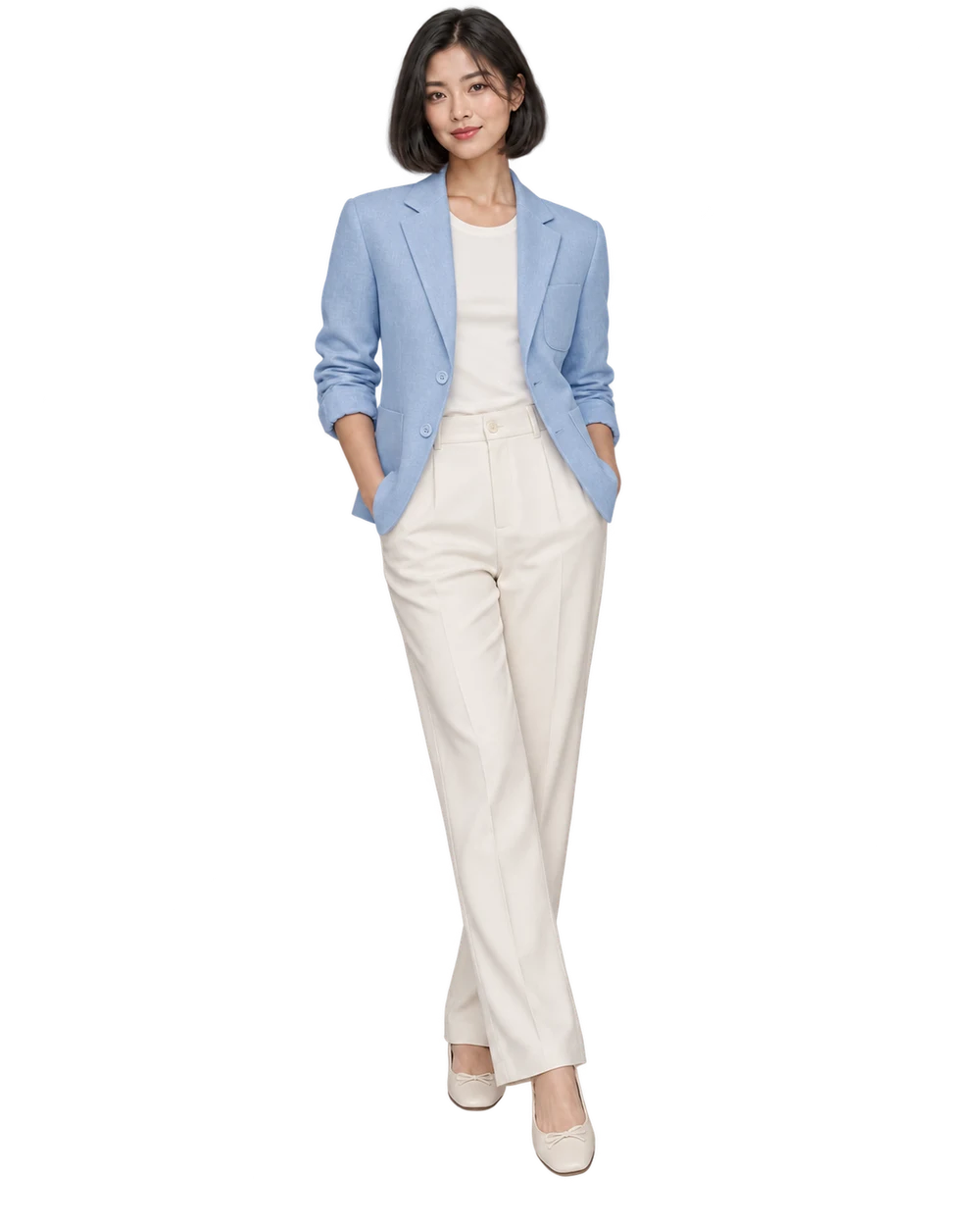 Illustrative on-model photograph showing a complete powder-blue blazer and light trousers