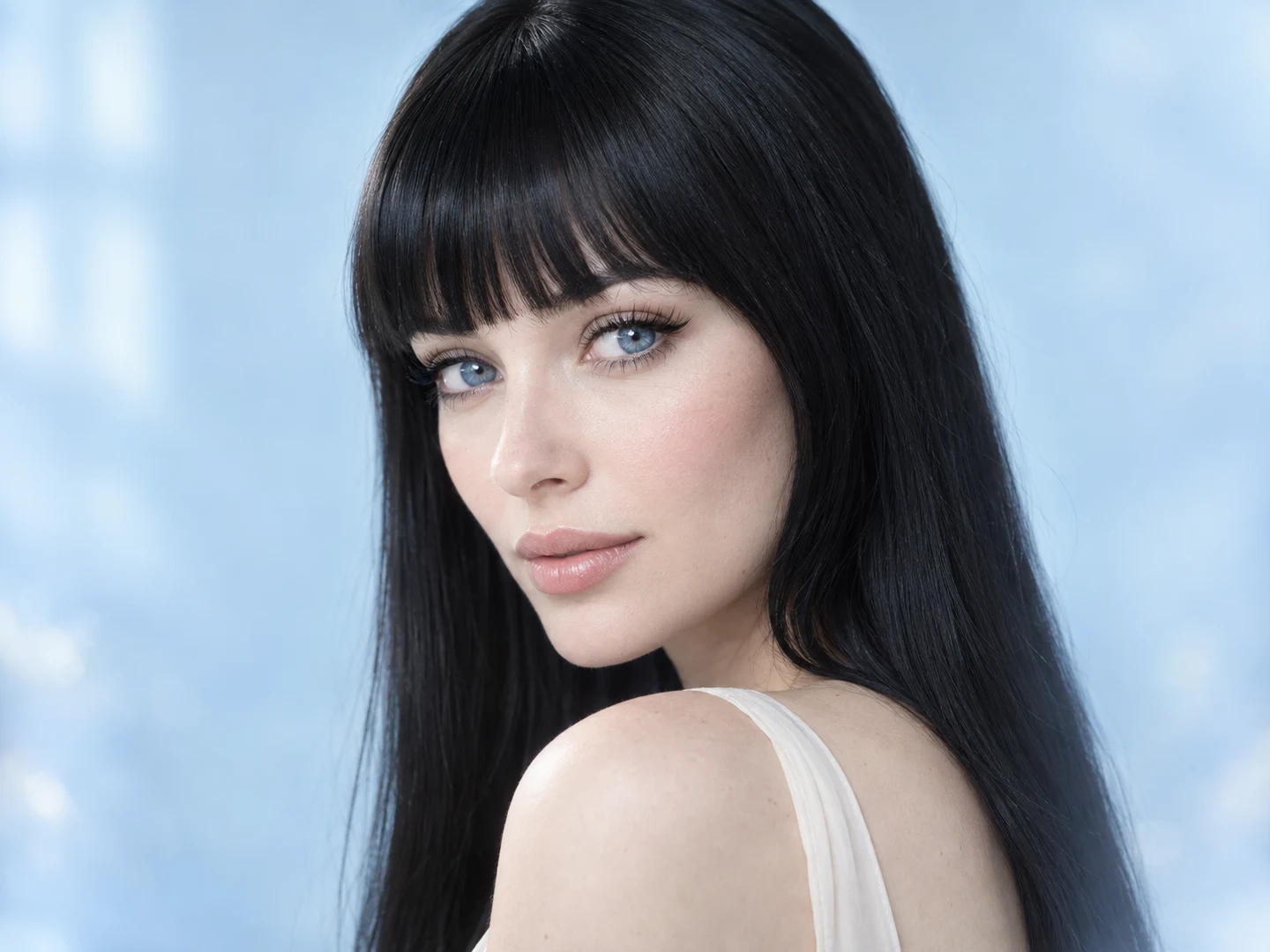Editorial beauty portrait with sleek black bangs, luminous blue eyes and softly blushed porcelain skin